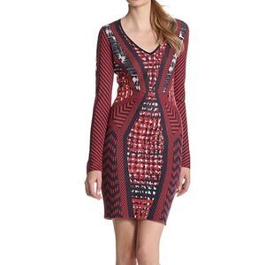 bcbgmaxazria red blue white long sleeve sweater v neck mini dress Silk Cotton S